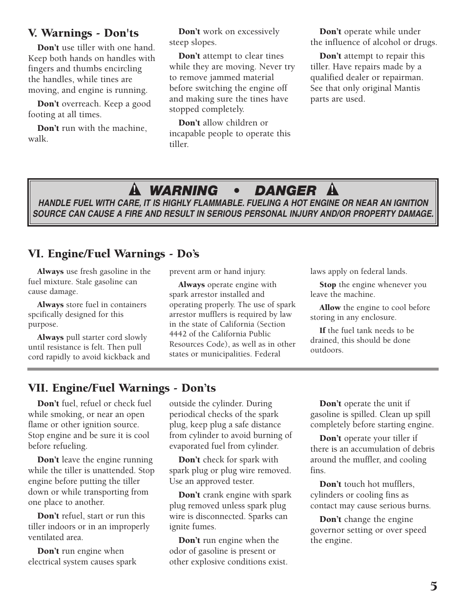 5warning • danger, V. warnings - don'ts | Little Wonder Tiller/Cultivator User Manual | Page 5 / 32