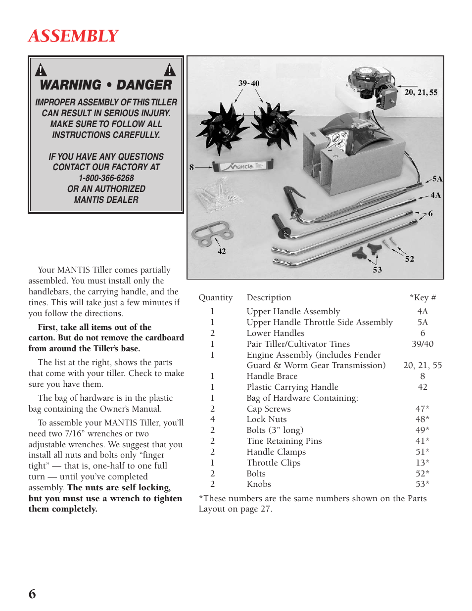 Assembly, Warning • danger | Little Wonder Tiller/Cultivator User Manual | Page 6 / 32