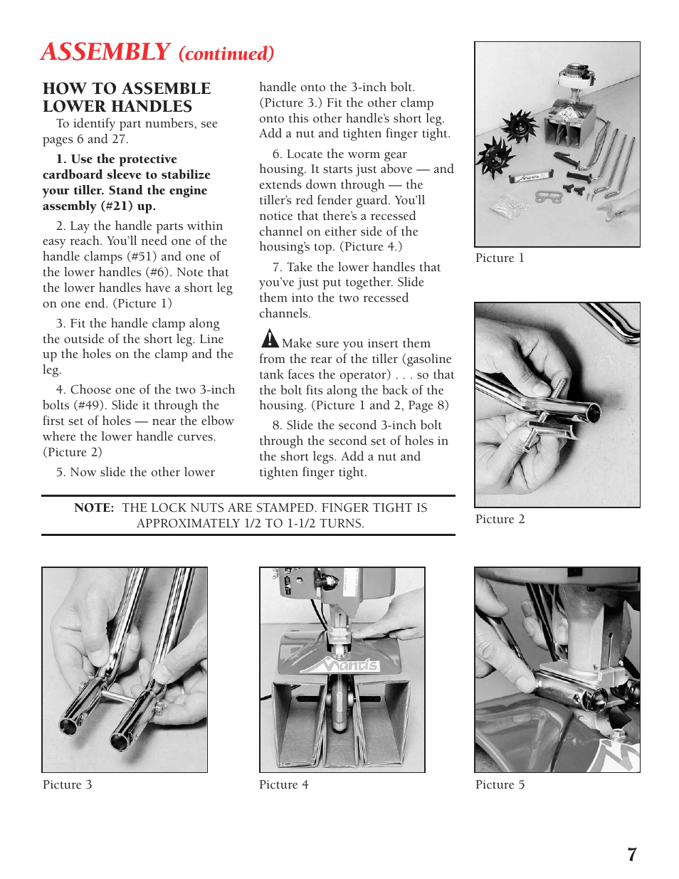 Assembly, Continued), How to assemble lower handles | Little Wonder Tiller/Cultivator User Manual | Page 7 / 32