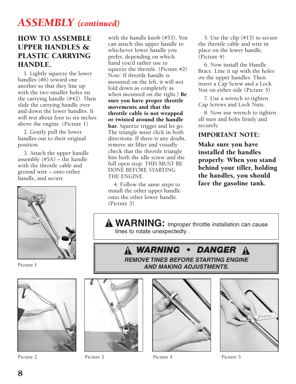 Assembly, Warning, Continued) warning • danger | Little Wonder Tiller/Cultivator User Manual | Page 8 / 32