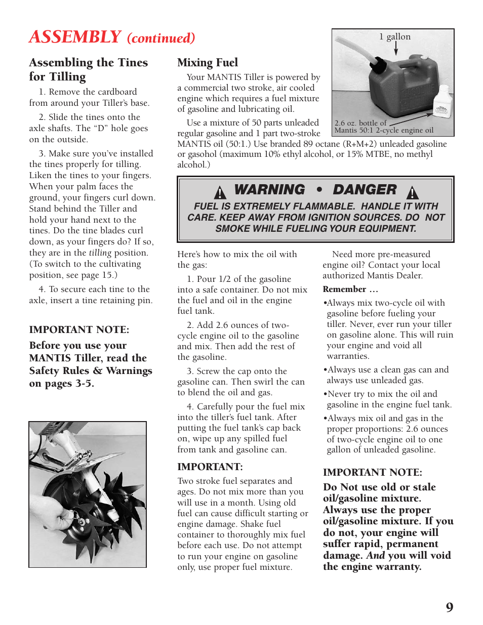 Assembly, Continued) warning • danger, Assembling the tines for tilling | Mixing fuel | Little Wonder Tiller/Cultivator User Manual | Page 9 / 32