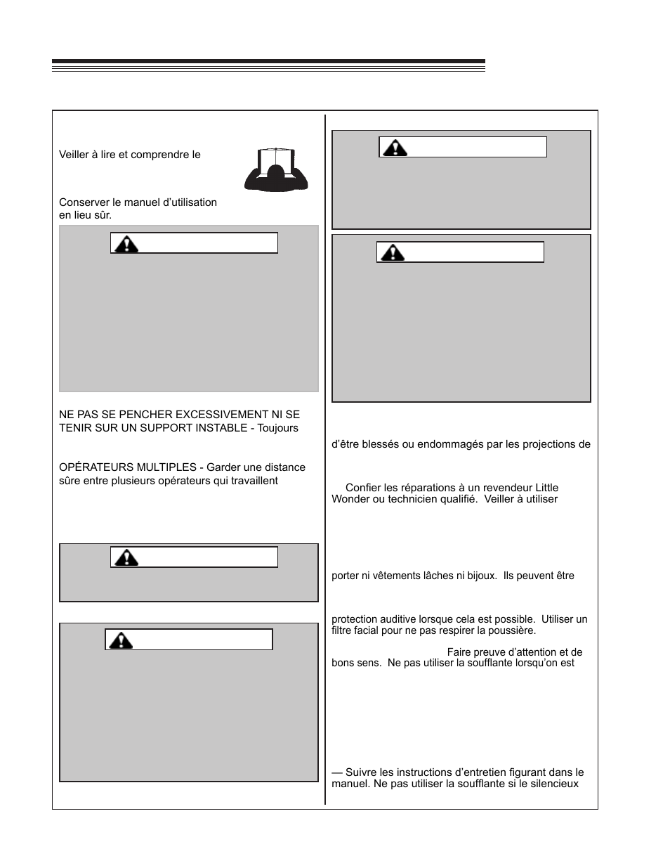Optimax blower, Sécurité, Avertissement | Little Wonder OPTIMAX LB900-00-01 User Manual | Page 34 / 42