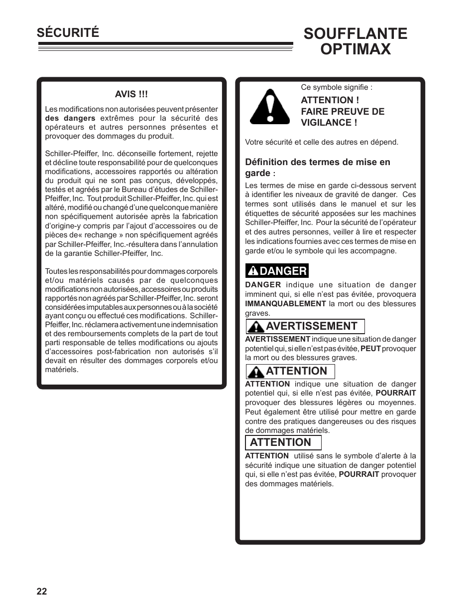 Soufflante optimax, Sécurité, Avertissement attention attention | Little Wonder MAN 4163480 User Manual | Page 22 / 54