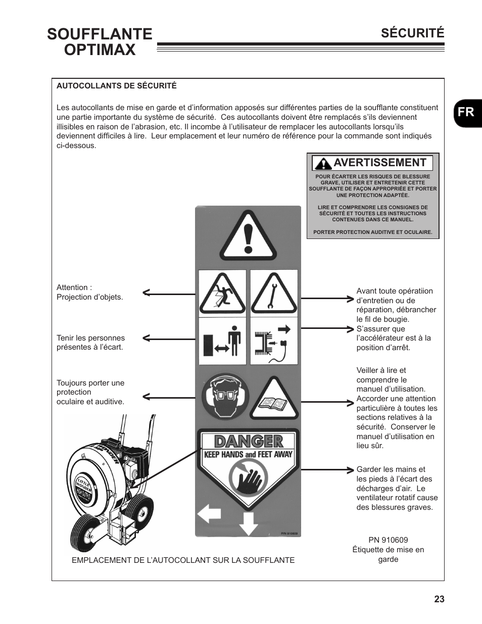 Soufflante optimax, Fr sécurité, Avertissement | Little Wonder MAN 4163480 User Manual | Page 23 / 54