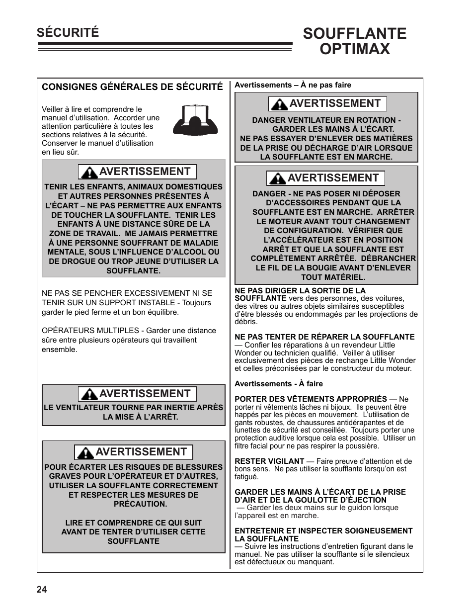 Soufflante optimax, Sécurité, Avertissement | Little Wonder MAN 4163480 User Manual | Page 24 / 54