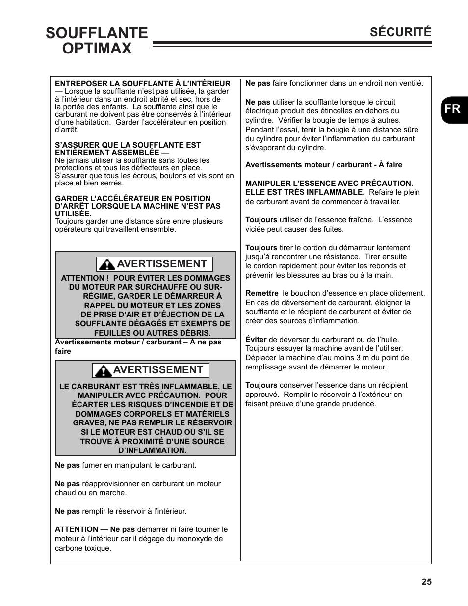 Soufflante optimax, Fr sécurité, Avertissement | Little Wonder MAN 4163480 User Manual | Page 25 / 54