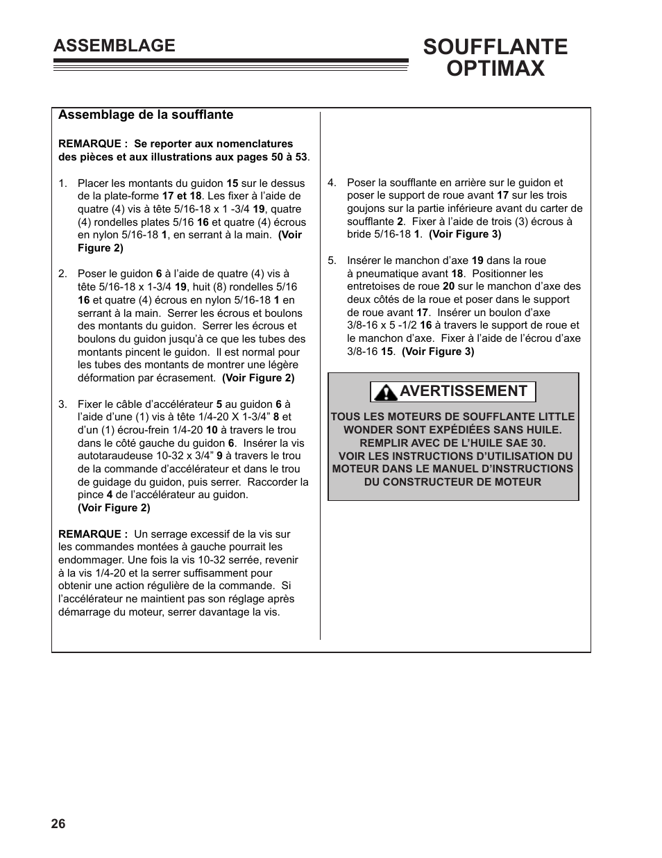 Soufflante optimax, Assemblage, Avertissement | Little Wonder MAN 4163480 User Manual | Page 26 / 54