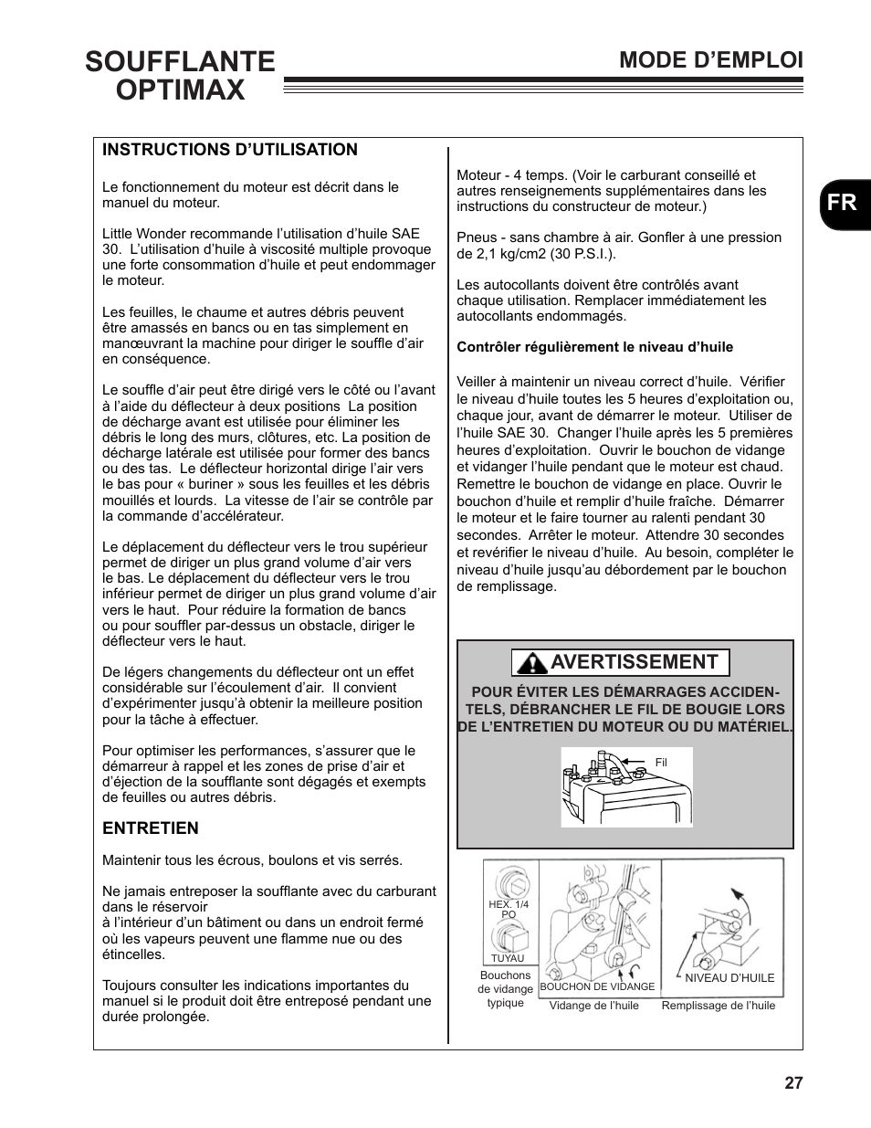 Soufflante optimax, Fr mode d’emploi, Avertissement | Little Wonder MAN 4163480 User Manual | Page 27 / 54