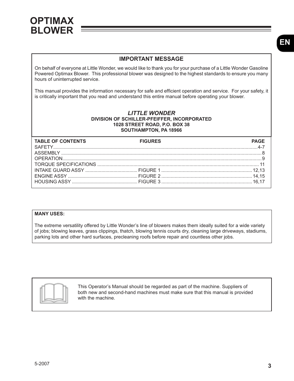Optimax blower | Little Wonder MAN 4163480 User Manual | Page 3 / 54