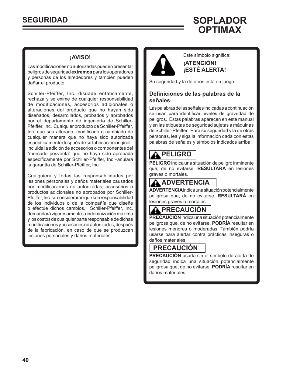 Soplador optimax, Seguridad, Peligro advertencia precaución precaución | Little Wonder MAN 4163480 User Manual | Page 40 / 54