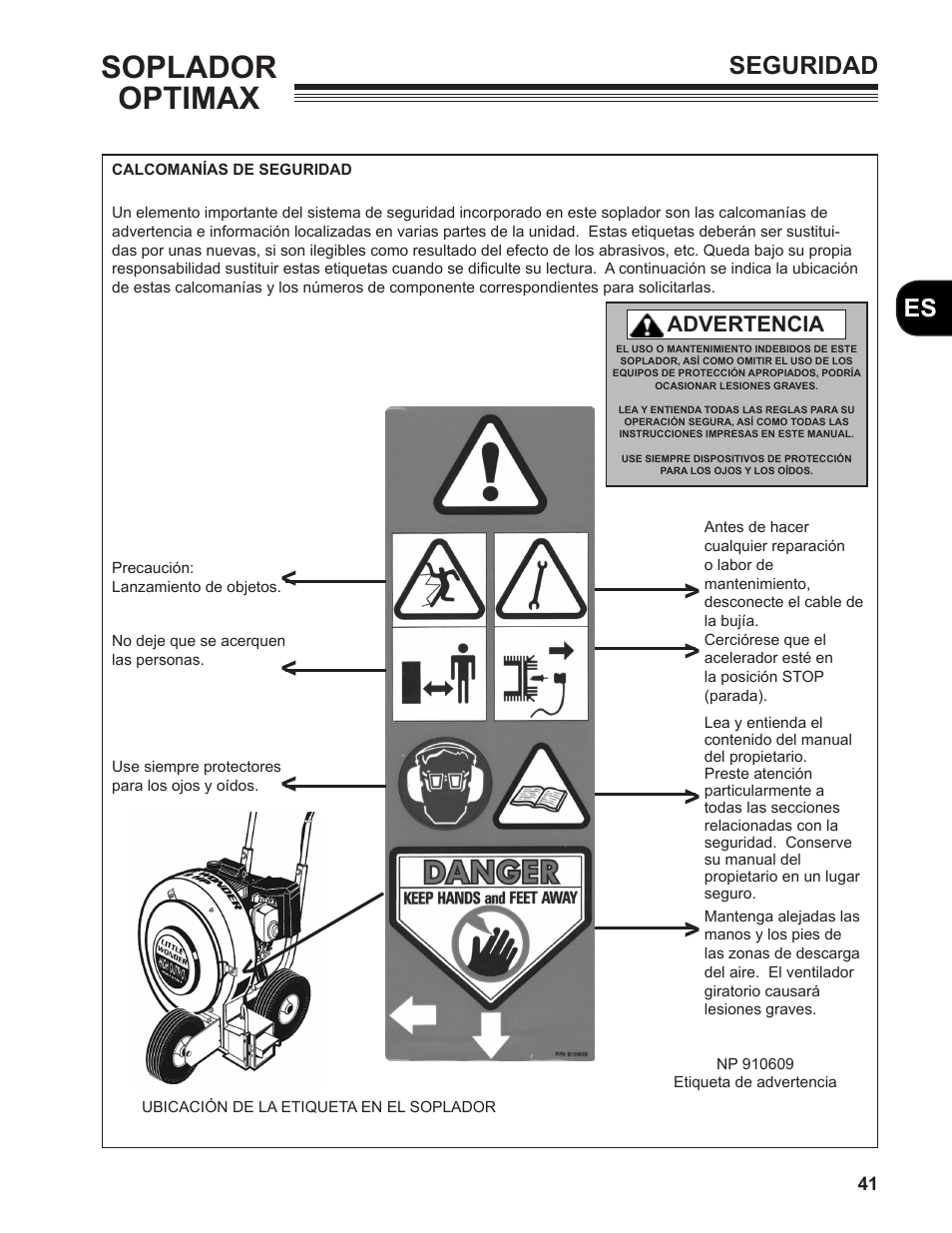 Soplador optimax, Es seguridad, Advertencia | Little Wonder MAN 4163480 User Manual | Page 41 / 54