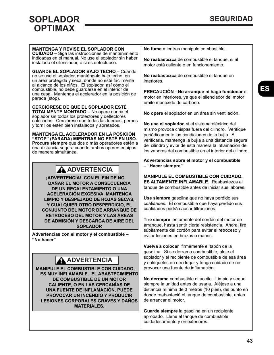 Soplador optimax, Es seguridad, Advertencia | Little Wonder MAN 4163480 User Manual | Page 43 / 54