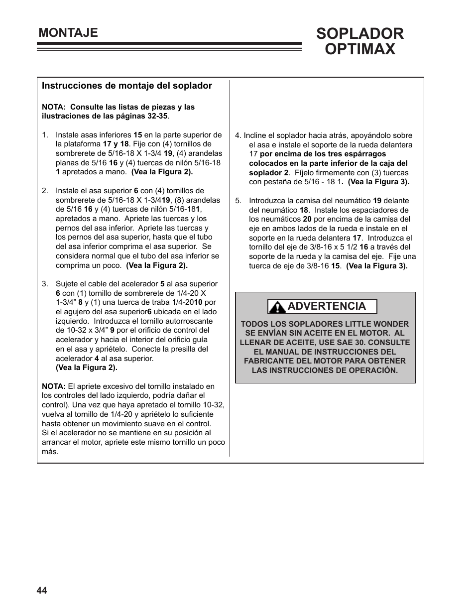 Soplador optimax, Montaje, Advertencia | Little Wonder MAN 4163480 User Manual | Page 44 / 54