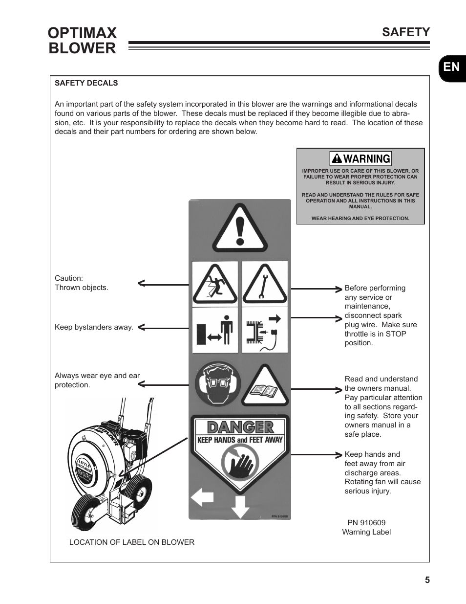 Optimax blower, En safety | Little Wonder MAN 4163480 User Manual | Page 5 / 54