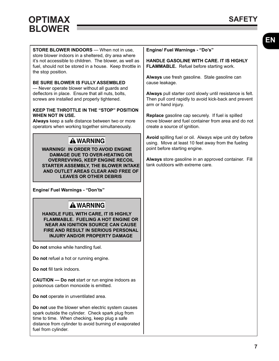 Optimax blower, En safety | Little Wonder MAN 4163480 User Manual | Page 7 / 54