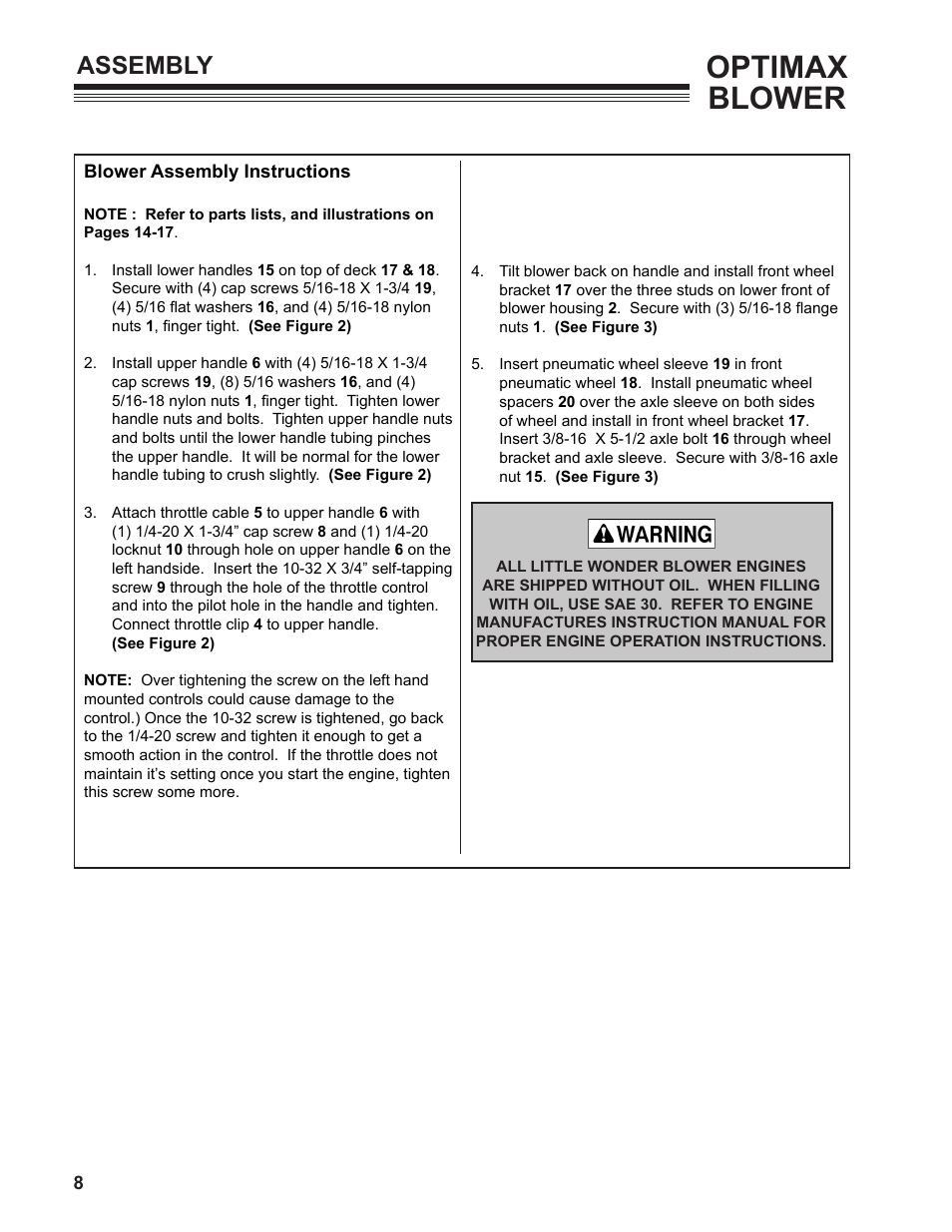 Optimax blower, Assembly | Little Wonder MAN 4163480 User Manual | Page 8 / 54