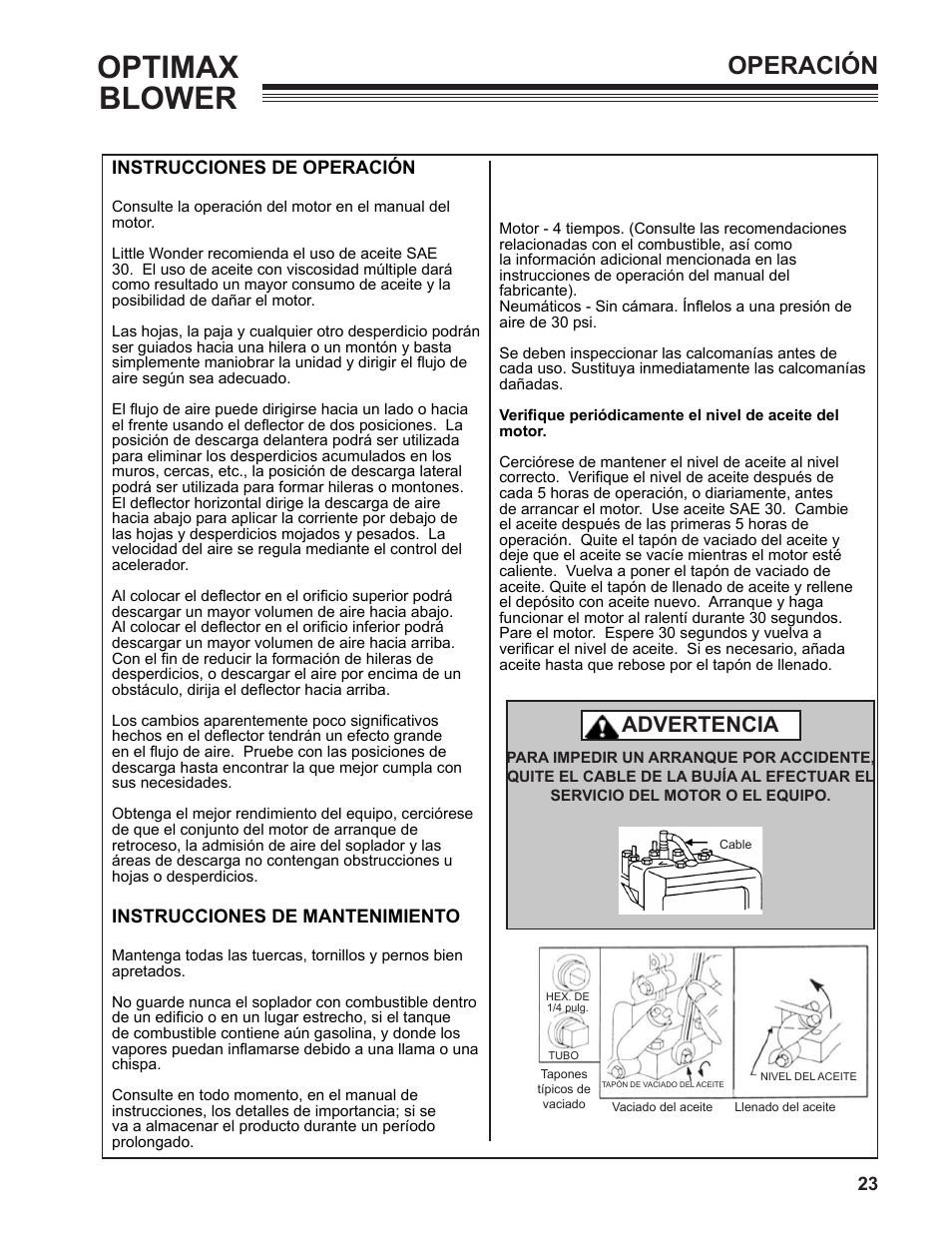 Optimax blower, Operación, Advertencia | Little Wonder OPTIMAX LB901-00-01 User Manual | Page 23 / 42