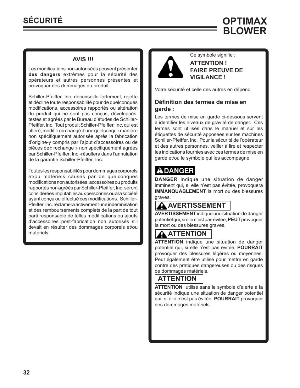 Optimax blower, Sécurité, Avertissement attention attention | Little Wonder OPTIMAX LB901-00-01 User Manual | Page 32 / 42