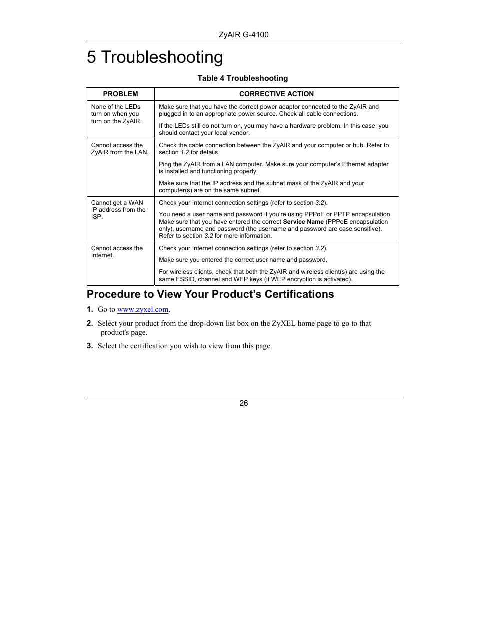 Troubleshooting, 5 troubleshooting, Procedure to view your product’s certifications | Little Wonder ZyAIR G-4100 User Manual | Page 26 / 26