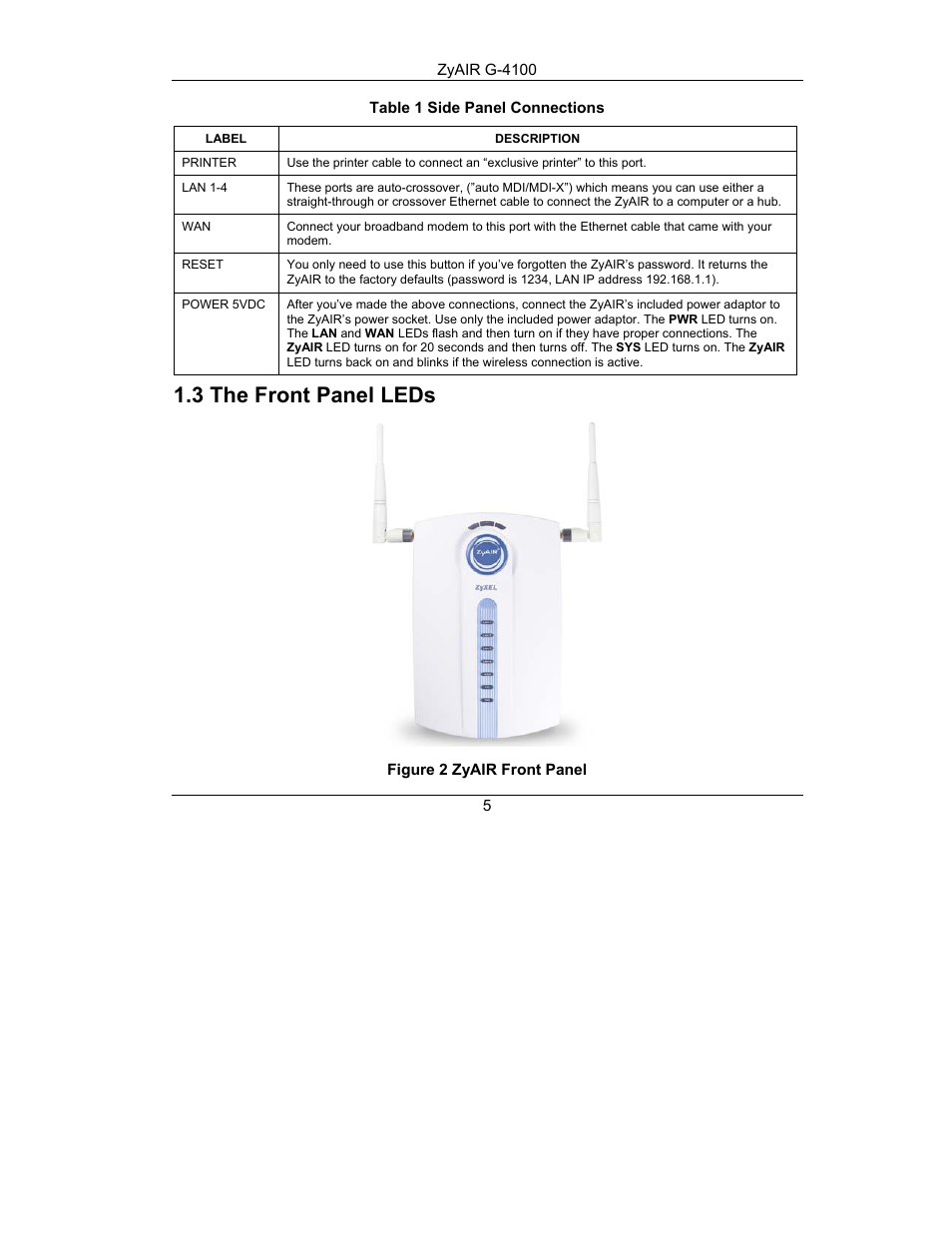 The front panel leds, 3 the front panel leds | Little Wonder ZyAIR G-4100 User Manual | Page 5 / 26