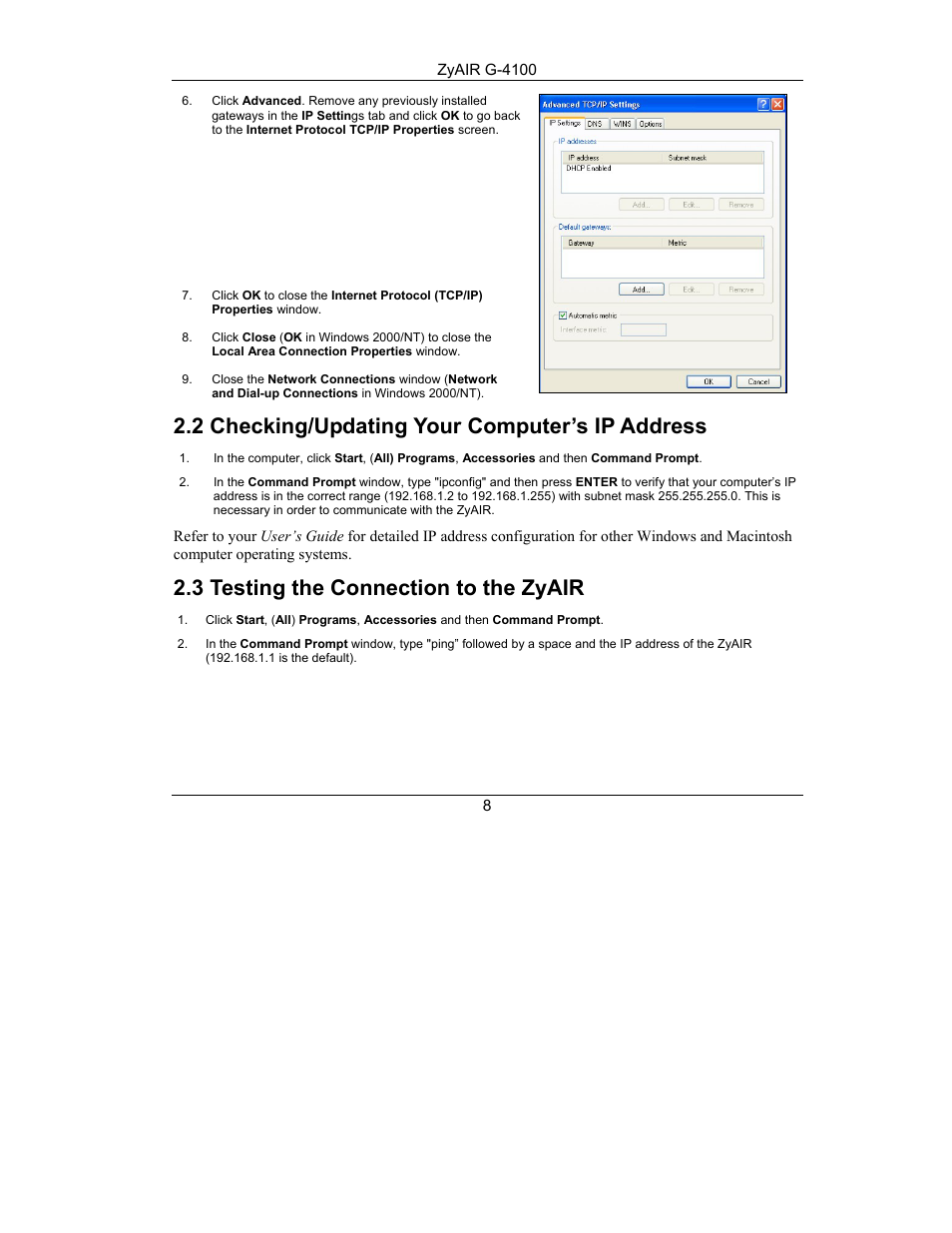 Checking/updating your computer¡¦s ip address, Testing the connection to the zyair, 2 checking/updating your computer’s ip address | 3 testing the connection to the zyair | Little Wonder ZyAIR G-4100 User Manual | Page 8 / 26