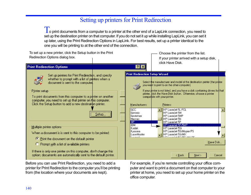 Setting up printers for print redirection | LapLink MN-LGD011-XX-US User Manual | Page 133 / 166