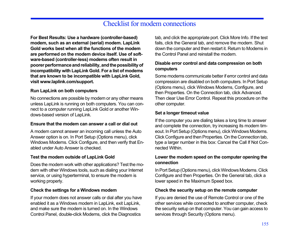 Checklist for modem connections, Run laplink on both computers, Test the modem outside of laplink gold | Check the settings for a windows modem, Set a longer timeout value, Check the security setup on the remote computer | LapLink MN-LGD011-XX-US User Manual | Page 146 / 166