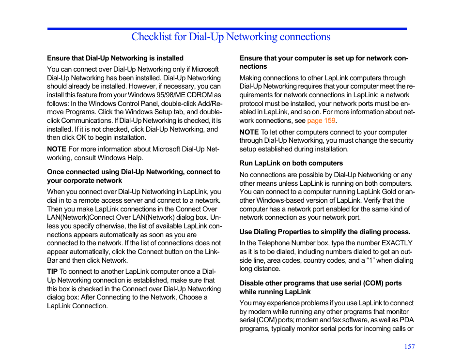 Checklist for dial-up networking connections, Ensure that dial-up networking is installed, Run laplink on both computers | LapLink MN-LGD011-XX-US User Manual | Page 148 / 166