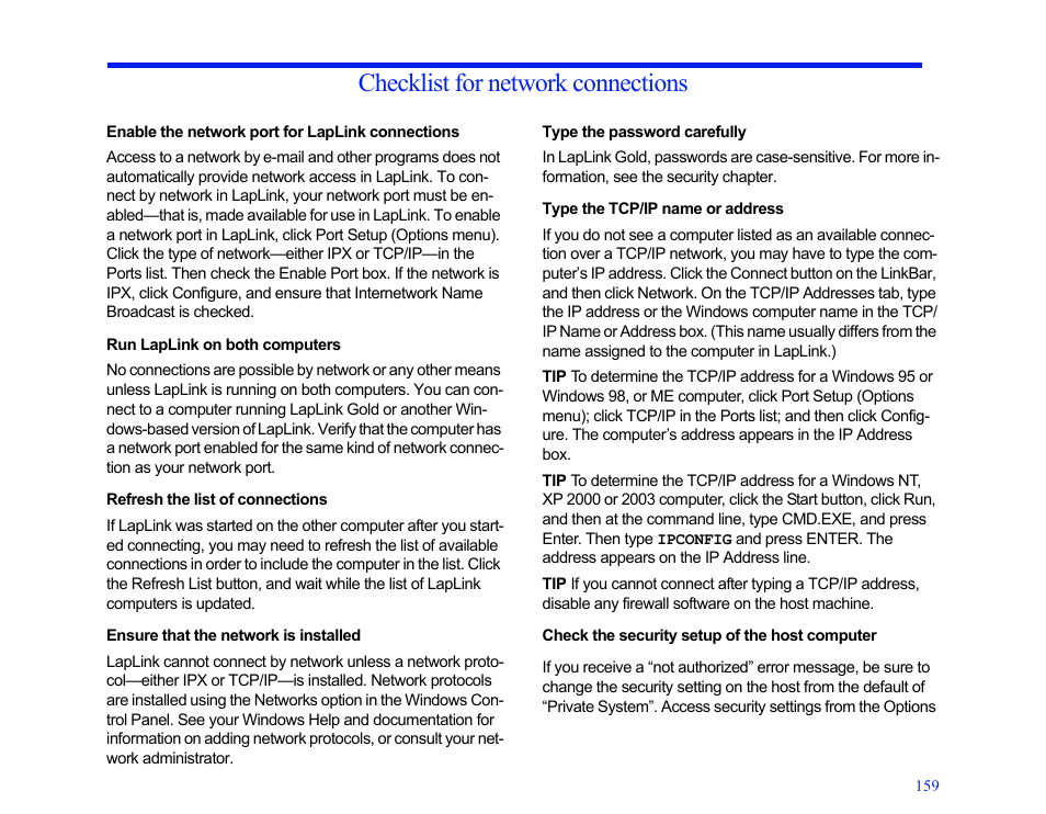 Checklist for network connections, Enable the network port for laplink connections, Run laplink on both computers | Refresh the list of connections, Ensure that the network is installed, Type the password carefully, Type the tcp/ip name or address, Check the security setup of the host computer | LapLink MN-LGD011-XX-US User Manual | Page 150 / 166