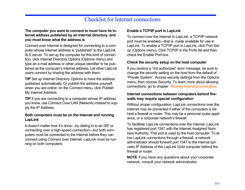 Checklist for internet connections, Enable a tcp/ip port in laplink, Check the security setup on the host computer | Ers. see, Checklist, For internet connections, Checklist for, Internet connections | LapLink MN-LGD011-XX-US User Manual | Page 152 / 166