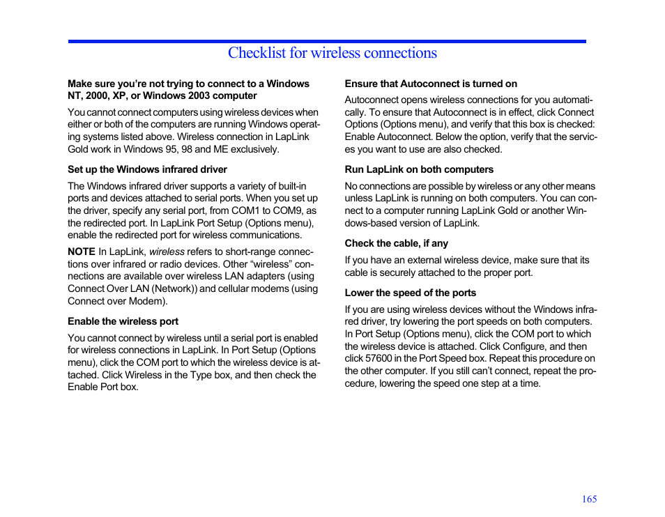 Checklist for wireless connections, Set up the windows infrared driver, Enable the wireless port | Ensure that autoconnect is turned on, Run laplink on both computers, Check the cable, if any, Lower the speed of the ports, Checklist for wireless connec, Tions | LapLink MN-LGD011-XX-US User Manual | Page 156 / 166