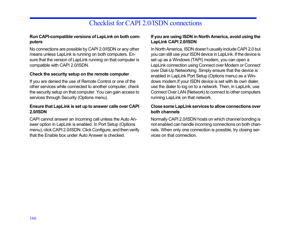 Checklist for capi 2.0/isdn connections, Check the security setup on the remote computer | LapLink MN-LGD011-XX-US User Manual | Page 157 / 166