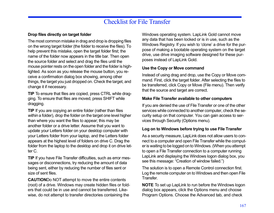 Checklist for file transfer, Drop files directly on target folder, Use the copy or move command | Make file transfer available to other computers | LapLink MN-LGD011-XX-US User Manual | Page 158 / 166