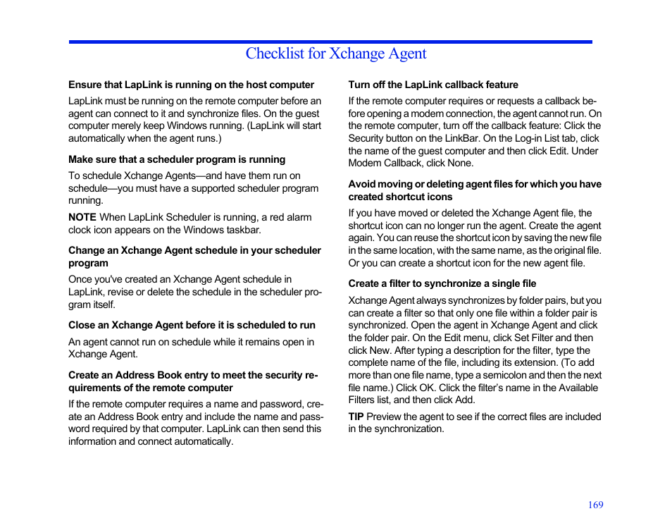 Checklist for xchange agent, Make sure that a scheduler program is running, Turn off the laplink callback feature | Create a filter to synchronize a single file | LapLink MN-LGD011-XX-US User Manual | Page 160 / 166