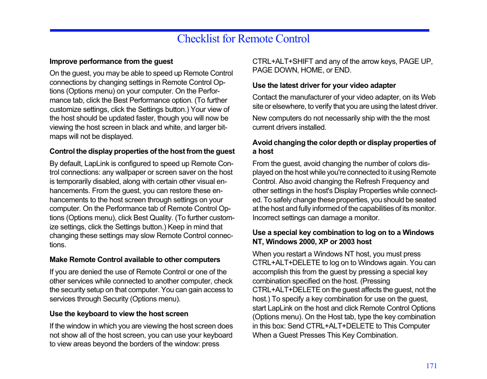 Checklist for remote control, Improve performance from the guest, Make remote control available to other computers | Use the keyboard to view the host screen, Use the latest driver for your video adapter | LapLink MN-LGD011-XX-US User Manual | Page 162 / 166