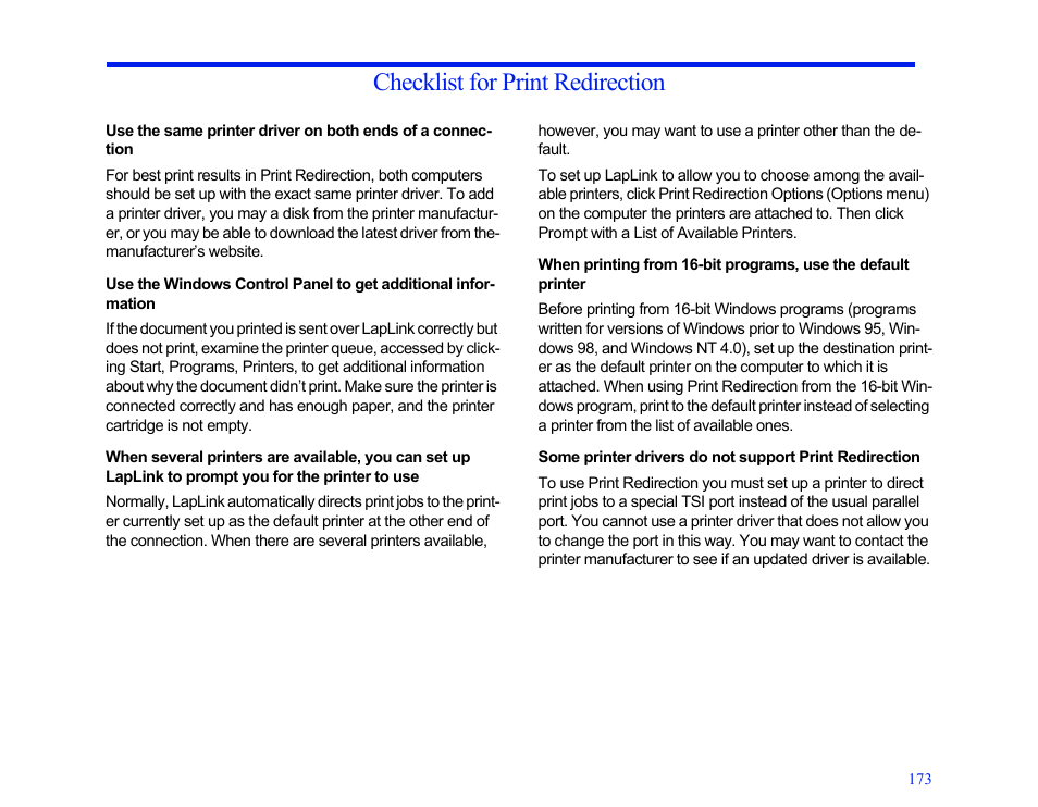 Checklist for print redirection | LapLink MN-LGD011-XX-US User Manual | Page 164 / 166