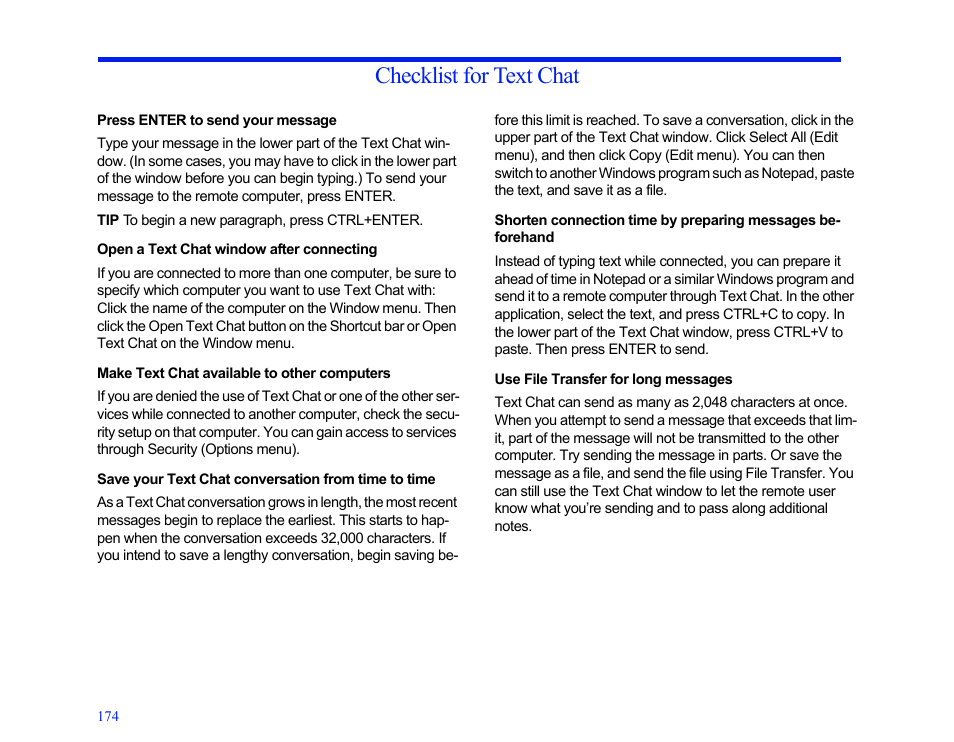 Checklist for text chat, Press enter to send your message, Open a text chat window after connecting | Make text chat available to other computers, Save your text chat conversation from time to time, Use file transfer for long messages | LapLink MN-LGD011-XX-US User Manual | Page 165 / 166
