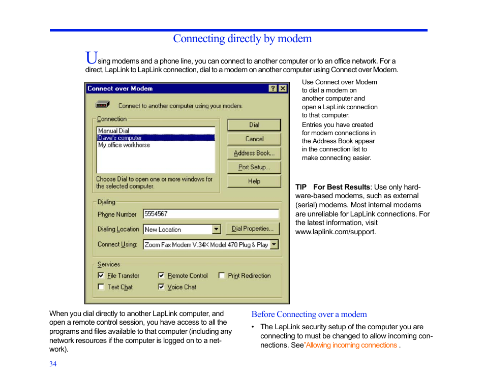 Connecting directly by modem | LapLink MN-LGD011-XX-US User Manual | Page 32 / 166