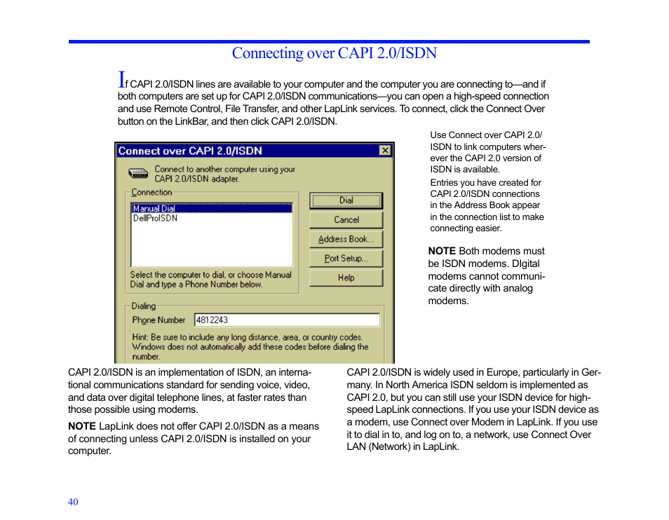 Connecting over capi 2.0/isdn | LapLink MN-LGD011-XX-US User Manual | Page 38 / 166