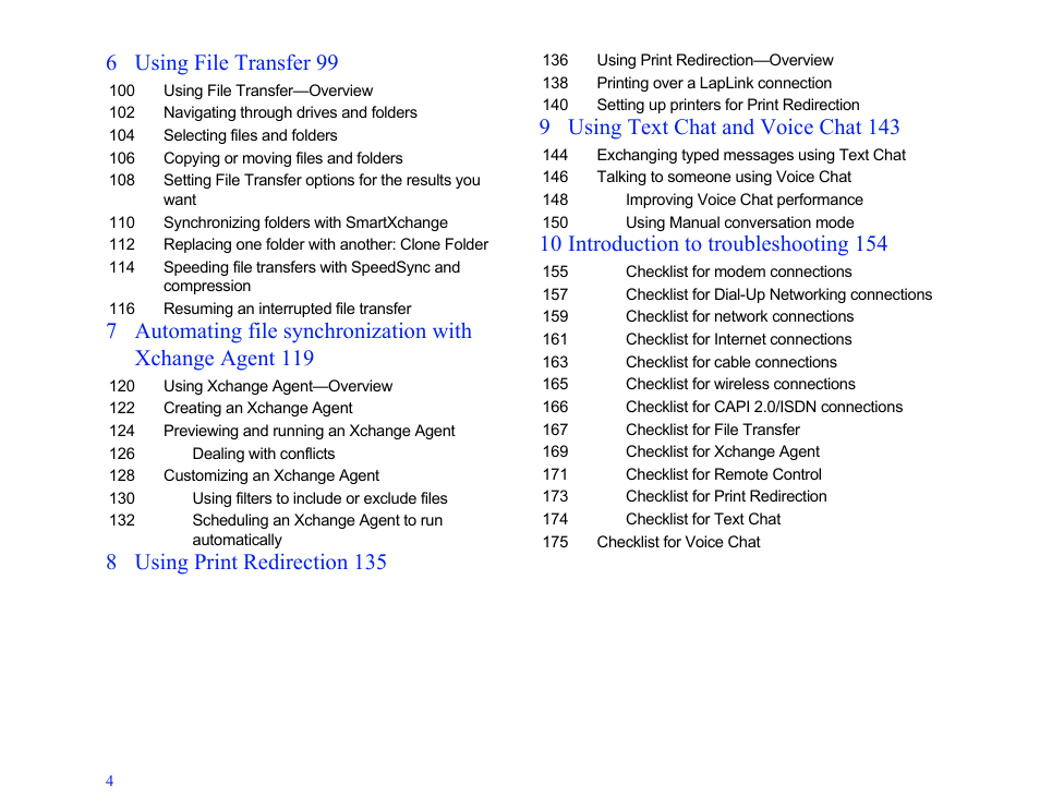 6 using file transfer 99, 8 using print redirection 135, 9 using text chat and voice chat 143 | LapLink MN-LGD011-XX-US User Manual | Page 4 / 166