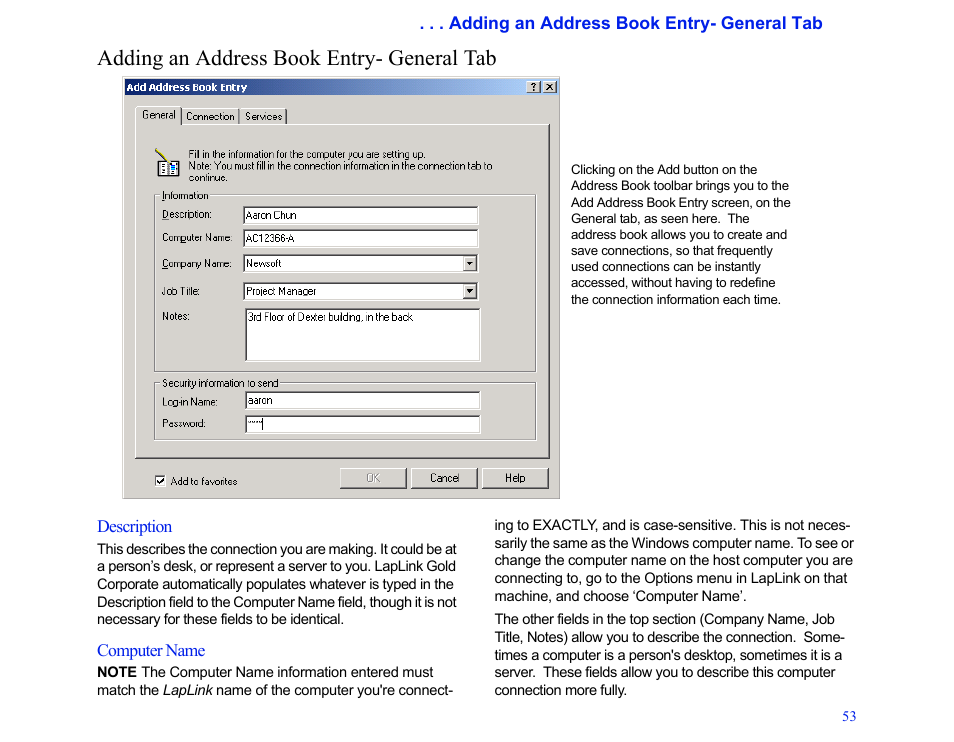 Adding an address book entry- general tab | LapLink MN-LGD011-XX-US User Manual | Page 50 / 166