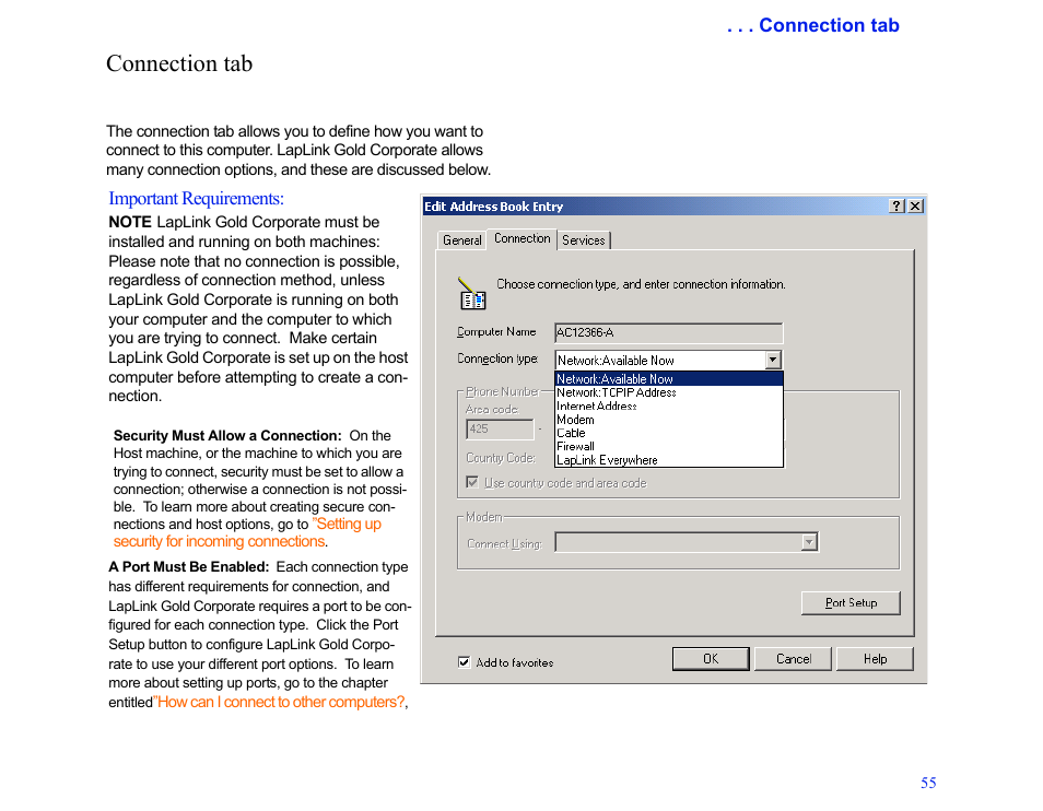 Connection tab | LapLink MN-LGD011-XX-US User Manual | Page 52 / 166