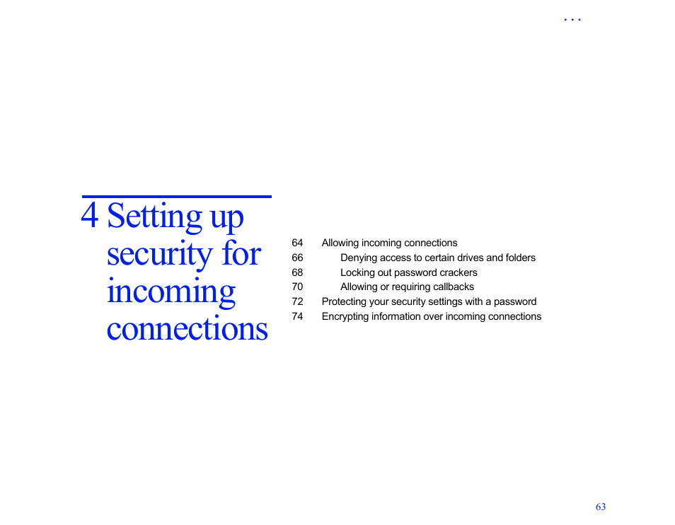 4 setting up security for incoming connections, 4 setting up security for incoming, Connections 63 | Setting up security for incoming connections, Setting up, Security for incoming connections | LapLink MN-LGD011-XX-US User Manual | Page 60 / 166