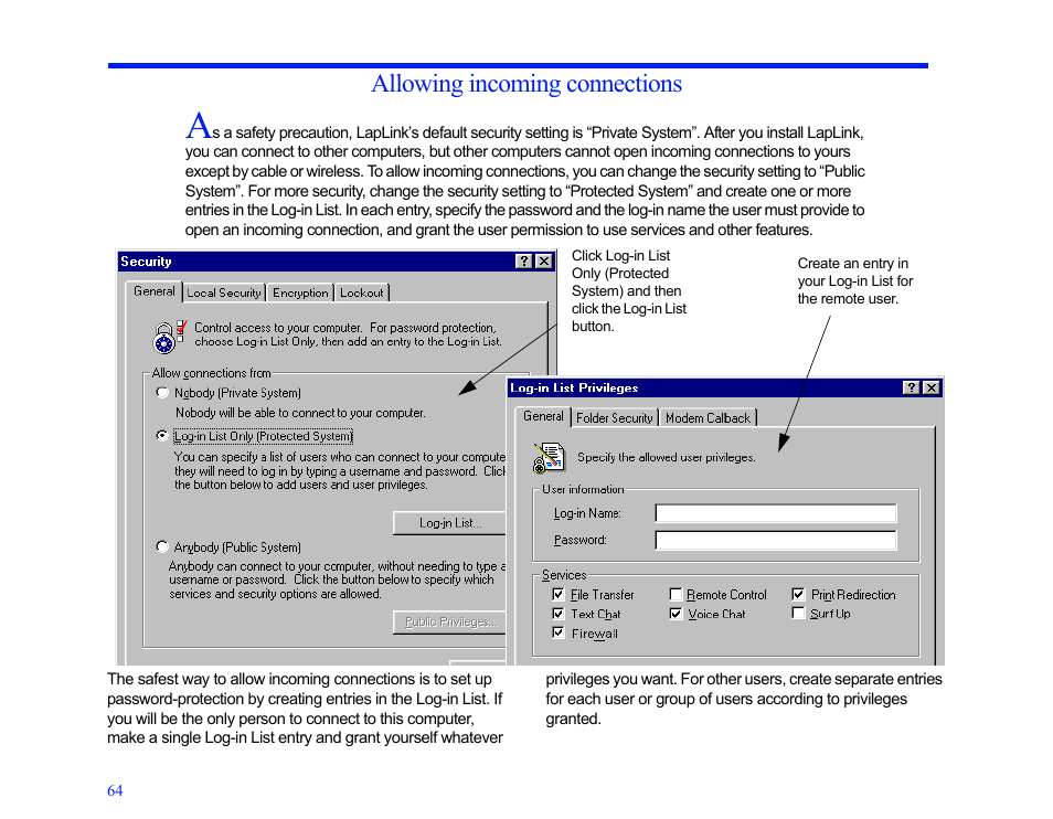 Allowing incoming connections, Allowing, Incoming connections | LapLink MN-LGD011-XX-US User Manual | Page 61 / 166