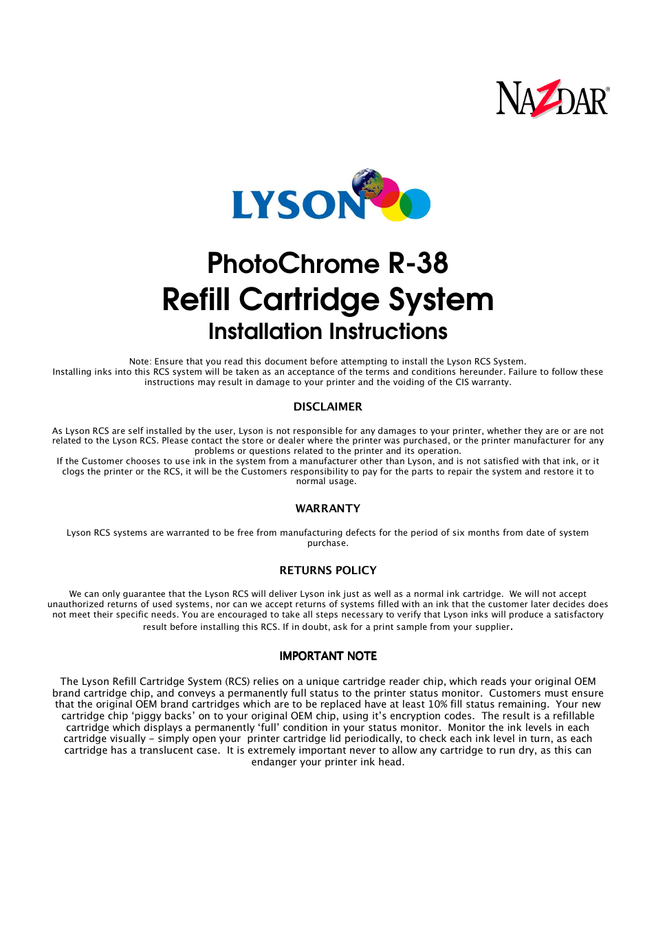 Lyson PHOTOCHROME R-38 User Manual | 8 pages
