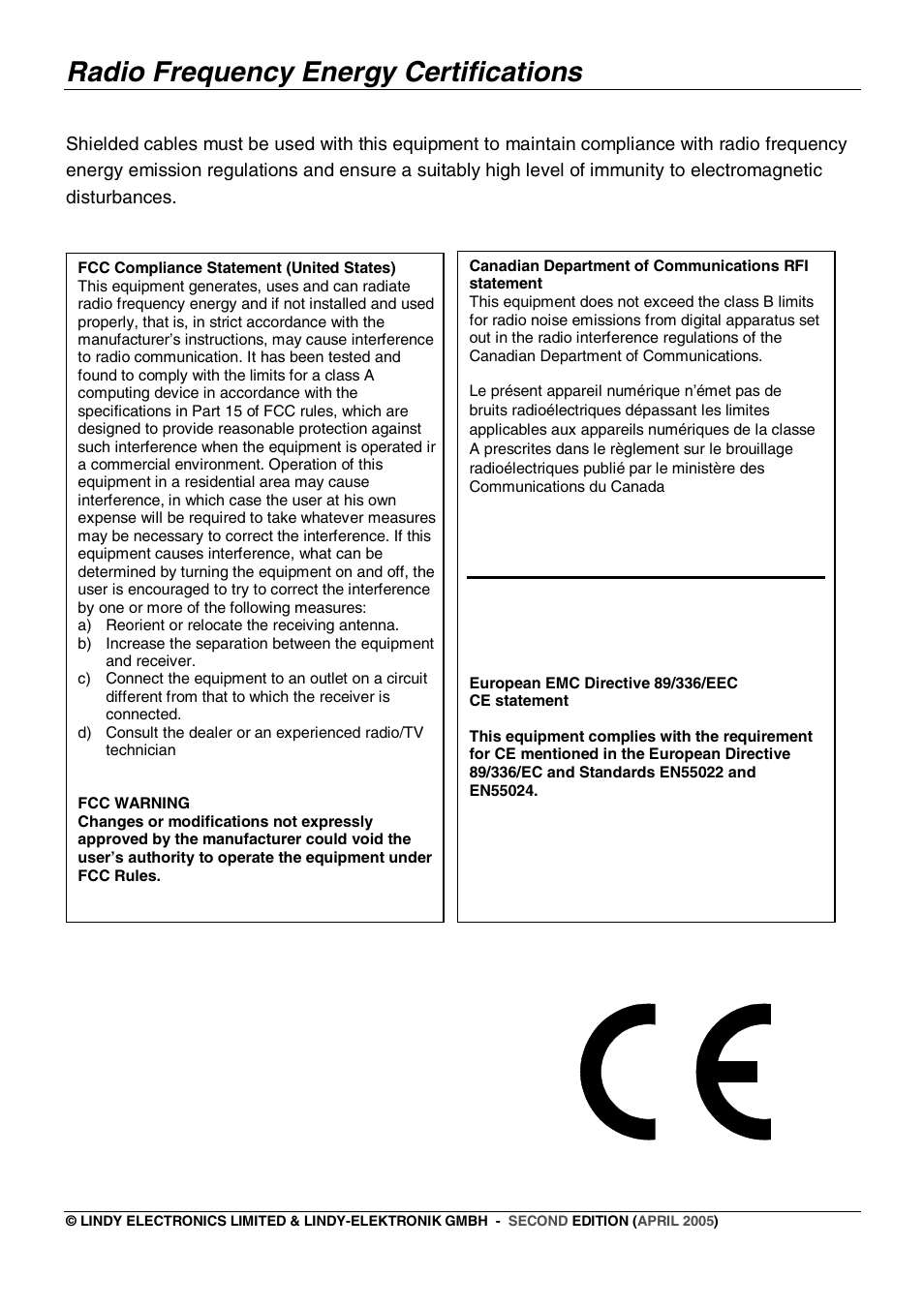 Radio frequency energy certifications | Lindy 21543(UK) User Manual | Page 8 / 8