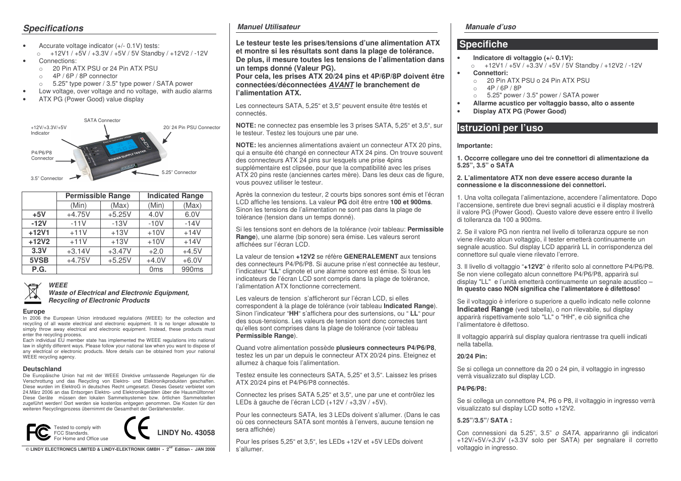 Specifiche, Istruzioni per l’uso | Lindy 43058 User Manual | Page 2 / 2