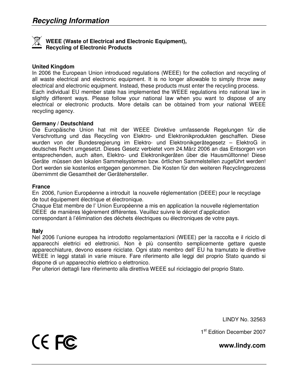 Recycling information | Lindy VGA to DVI Scaler 32563 User Manual | Page 7 / 7