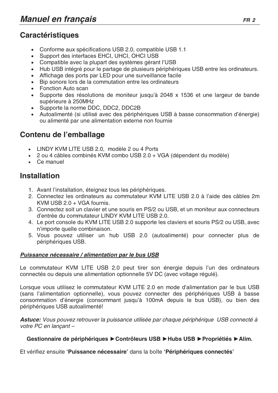 Manuel en français, Caractéristiques, Contenu de l’emballage | Installation | Lindy CPU SWITCH LITE 32825 User Manual | Page 19 / 32