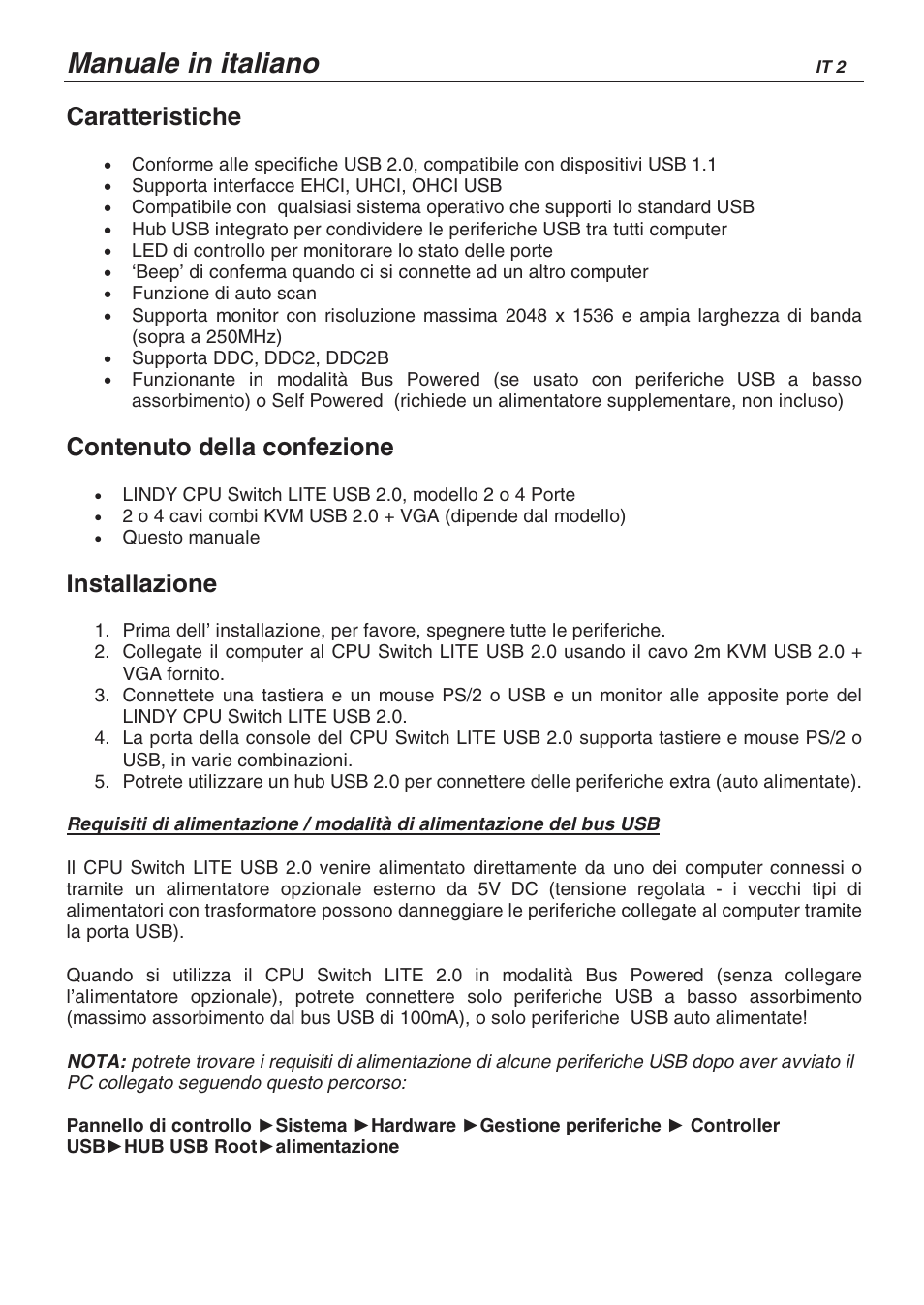 Manuale in italiano, Caratteristiche, Contenuto della confezione | Installazione | Lindy CPU SWITCH LITE 32825 User Manual | Page 26 / 32